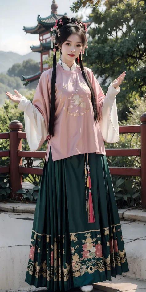 <lora:hanfu_ming-000014:0.65>, best quality, 1girl,(white/blue/red/black/green/pink/yellow chinese shirt),(white/blue/red/black/green/pink/yellow chinese long skirt), long hair, black hair, upper body, cowboy shot, looking at viewer,standing, dancing, (smile:0.5),outdoors, chinese style countryard,