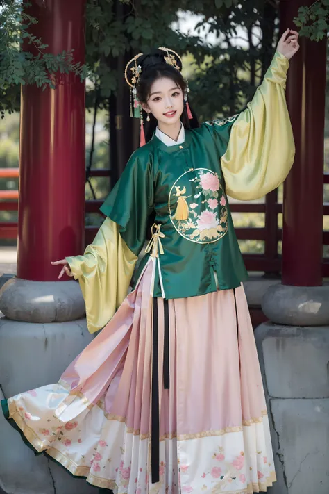<lora:hanfu_ming:0.8>, best quality, 1girl,(white/blue/red/black/green/pink/yellow chinese shirt),(white/blue/red/black/green/pink/yellow chinese long skirt), long hair, black hair, upper body, cowboy shot, looking at viewer,standing, dancing, (smile:0.5),outdoors, chinese style countryard,