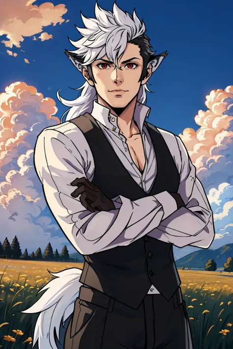 masterpiece, best quality, fire emblem, fates, keaton, man, long hair, multicolor hair, white hairs on top, black hairs below, wolf ears, wolf tail, fluffy tail, wolfskin, red eyes, muscular build, sleeveless black vest, black trousers, white shirt, brown gauntlets, upper body, looking at viewer, smirk, furrowed brow, crossed arms, sky, field, clouds<lora:keaton:0.7>