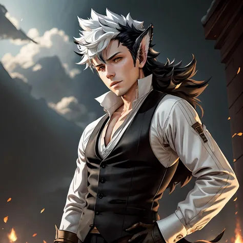 <lora:keaton:0.6> keaton, fire emblem, fates, man, (long hair), multicolor hair, white hairs on top, black hairs below, wolf ears, wolf tail, fluffy tail, wolfskin, red eyes, mischievous, fierce, muscular build, sleeveless black vest, black trousers, white shirt, brown gauntlets, boots, ultra detailed digital art, dramatic, trending on artstation, sharp focus, perfect composition, concept art, 8k, studio photo, ethereal colors background, volumetric lighting, light studio, vibrant, intricate details, tonemapping, <lora:add_detail:0.6>
