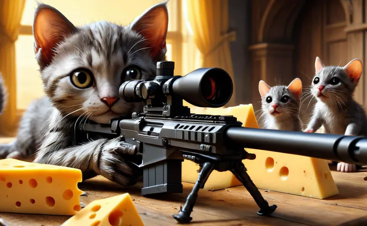 amazing quality, masterpiece, best quality, hyper detailed, ultra detailed, UHD, depth of field,
standing kitten, kitten aiming to the rat using Sniper Rifle, indoor, rat stealing cheese, view from a 45 degree angle, use cheese as a gun stand,
<lora:XL_Weapon_Sniper_Rifle_-_By_HailoKnight:0.7>,
<lora:add-detail-xl:0.8>,
<lora:EnvyBetterHiresFixXL01:0.8>,