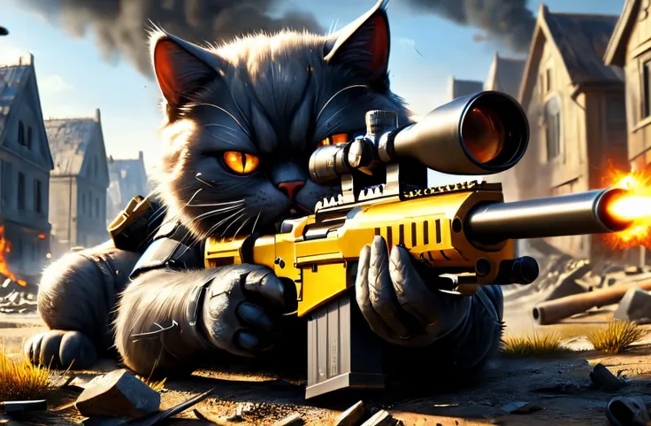 amazing quality, masterpiece, best quality, hyper detailed, ultra detailed, UHD, depth of field, view from a 45 degree angle,
(armed fat kitten:1.3), (extremely angry:1.4), standing fat kitten, hairy, a fat kitten aiming to the mouse by using Sniper Rifle, open fire, on fire, war, battlefield, bunning, old buildings, abandoned city,
<lora:XL_Weapon_Sniper_Rifle_-_By_HailoKnight:0.8>, Sniper Rifle, cartridge case,
<lora:add-detail-xl:0.8>,
<lora:EnvyBetterHiresFixXL01:0.8>,