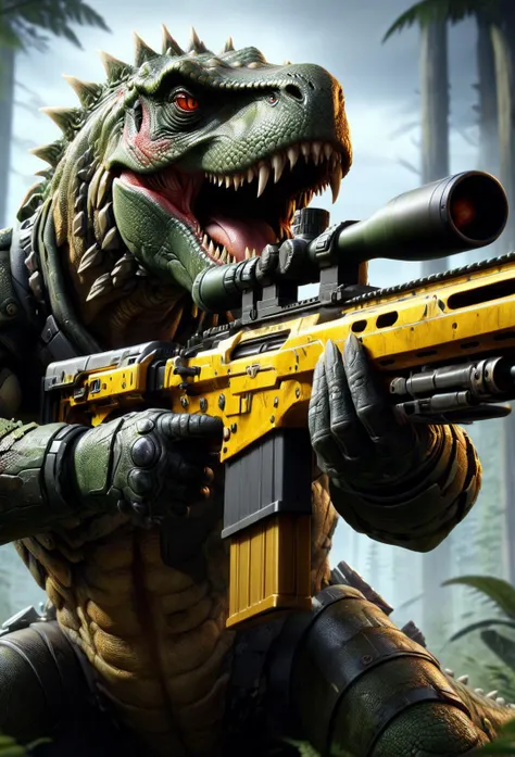 amazing quality, masterpiece, best quality, hyper detailed, ultra detailed, UHD, depth of field,
upper body close-up, Tyrannosaurus holding a sniper rifle,
<lora:XL_Weapon_Sniper_Rifle_-_By_HailoKnight:0.85>,
<lora:add-detail-xl:0.8>,
<lora:EnvyBetterHiresFixXL01:0.8>,