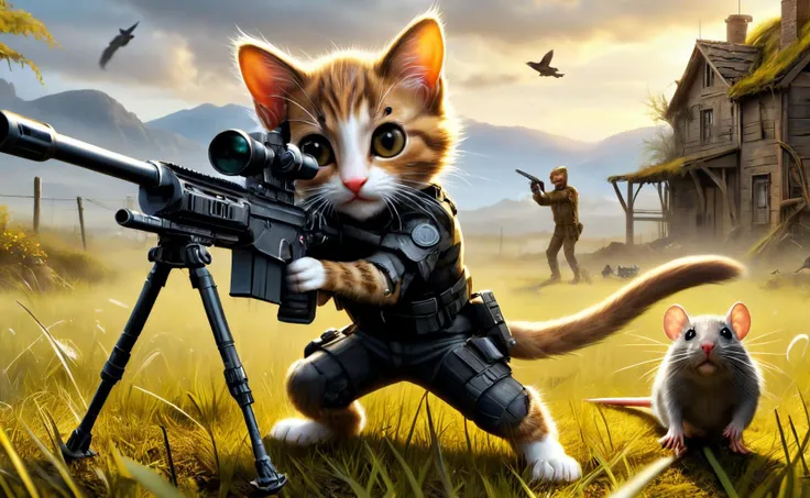 amazing quality, masterpiece, best quality, hyper detailed, ultra detailed, UHD, depth of field,
standing kitten, a rat raises its hands in surrender, back view of the rat, kitten aiming to the rat using Sniper Rifle, kitten laying down, grass land, view from a 45 degree angle,
<lora:XL_Weapon_Sniper_Rifle_-_By_HailoKnight:0.7>,
<lora:add-detail-xl:0.8>,
<lora:EnvyBetterHiresFixXL01:0.8>,