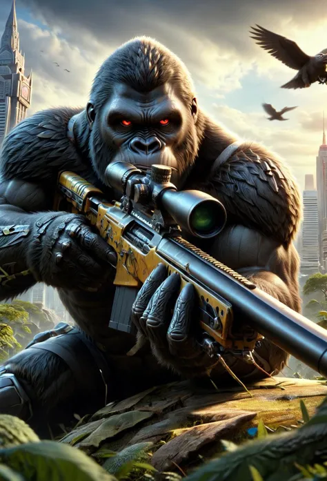 amazing quality, masterpiece, best quality, hyper detailed, ultra detailed, UHD, depth of field,
upper body close-up, King Kong holding a sniper rifle,
<lora:XL_Weapon_Sniper_Rifle_-_By_HailoKnight:0.85>,
<lora:add-detail-xl:0.8>,
<lora:EnvyBetterHiresFixXL01:0.8>,