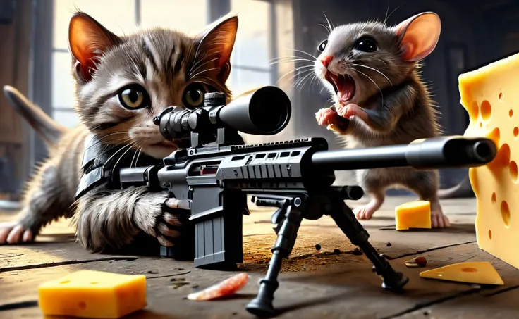 amazing quality, masterpiece, best quality, hyper detailed, ultra detailed, UHD, depth of field,
standing kitten, kitten aiming to the rat using Sniper Rifle, indoor, rat stealing cheese, view from a 45 degree angle, shocked rat,
<lora:XL_Weapon_Sniper_Rifle_-_By_HailoKnight:0.7>,
<lora:add-detail-xl:0.8>,
<lora:EnvyBetterHiresFixXL01:0.8>,