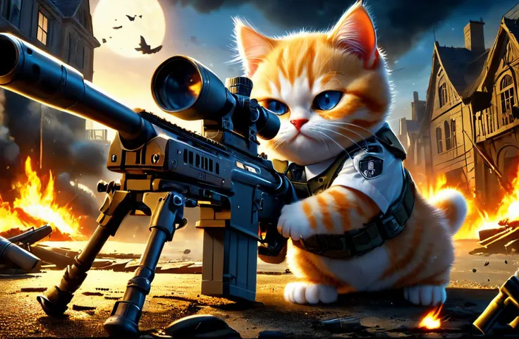 amazing quality, masterpiece, best quality, hyper detailed, ultra detailed, UHD, depth of field, view from a 45 degree angle, night,
(armed fat kitten:1.3), (extremely angry:1.2), (standing fat kitten:1.4), hairy, a fat kitten aiming to the mouse by using Sniper Rifle, open fire, on fire, war, battlefield, bunning, old buildings, abandoned city,
<lora:XL_Weapon_Sniper_Rifle_-_By_HailoKnight:0.8>, Sniper Rifle, cartridge case,
<lora:add-detail-xl:0.8>,
<lora:EnvyBetterHiresFixXL01:0.8>,
