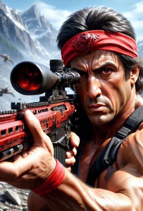 amazing quality, masterpiece, best quality, hyper detailed, ultra detailed, UHD, depth of field,
upper body close-up, First Blood, Sylvester Stallone holding a sniper rifle, (topless:1.4), (red headband:1.4),
<lora:XL_Weapon_Sniper_Rifle_-_By_HailoKnight:0.85>,
<lora:add-detail-xl:0.8>,
<lora:EnvyBetterHiresFixXL01:0.8>,