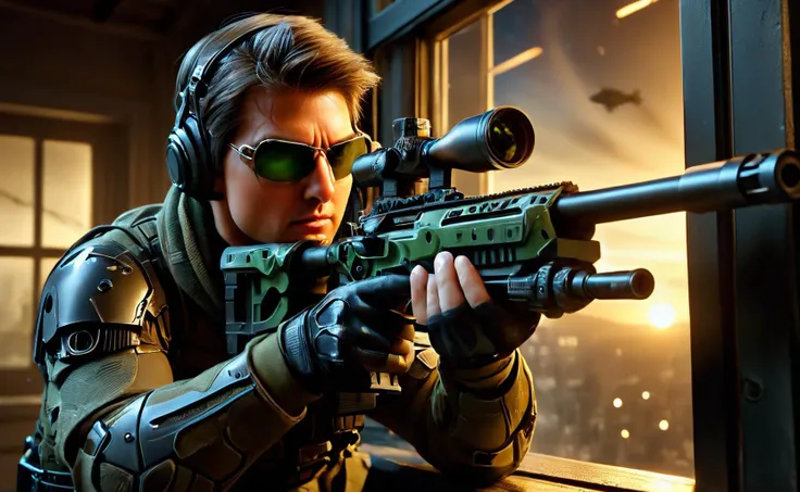 amazing quality, masterpiece, best quality, hyper detailed, ultra detailed, UHD, depth of field, (late at night:1.4),
(Tom Cruise standing by the window:1.4), (aiming outside:1.3), (face adorned with camouflage makeup:1.4), (camouflage face:1.4), (wear night vision goggles:1.3), action shot, (darkness:1.3), mini bluetooth headset, wireless communication equipment,
<lora:XL_Weapon_Sniper_Rifle_-_By_HailoKnight:0.8>, Sniper Rifle, cartridge case,
<lora:add-detail-xl:0.8>,
<lora:EnvyBetterHiresFixXL01:0.8>,