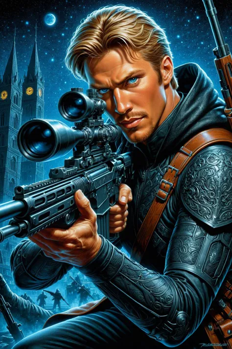digital oil pastel on canvas<lora:oil_pastel:1.00> by Virgil Finlay and Andrew Ferez in the style of Dirk Roseport, using a sniper rifle <lora:sniper_rifle:0.50> <lora:attractive:2.00>, extremely detailed <lora:extremely_detailed:3.00><lora:RMSDXL_Darkness_Cinema:1.50>
