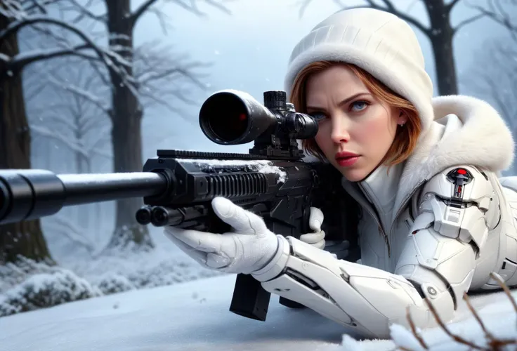 amazing quality, masterpiece, best quality, hyper detailed, ultra detailed, UHD, depth of field, detail eyes, from above, sky line, night,
Scarlett Johansson, the black widow hide in the snow, covered by snow, aiming at the camera, action shot, reflective light, snow land, snowing, tree,
<lora:XL_Weapon_Sniper_Rifle_-_By_HailoKnight:0.7>, (white Sniper Rifle:1.3), white suit, white fur hat,
<lora:add-detail-xl:0.8>,
<lora:EnvyBetterHiresFixXL01:0.8>,