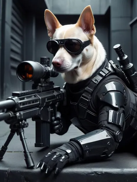 a ratero mallorquin dog in white and black and brown colors, in a cyberpunk style body suit, sunglasses,black gloves, matrix style, film grain
<lora:XL_Weapon_Sniper_Rifle_-_By_HailoKnight:0.5> Sniper Rifle