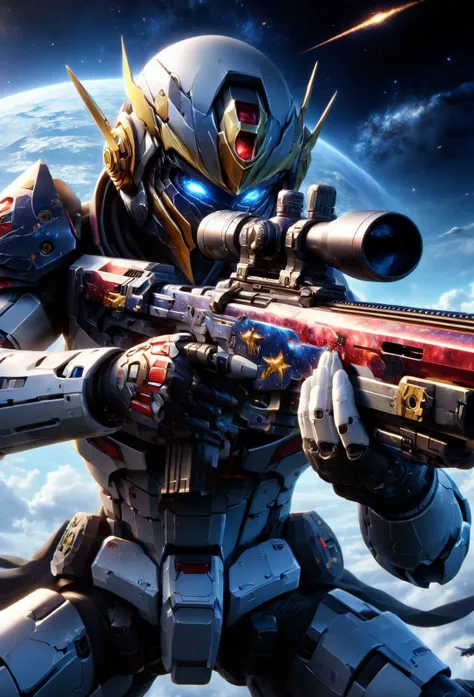 amazing quality, masterpiece, best quality, hyper detailed, ultra detailed, UHD, depth of field,
upper body close-up, Gundam holding a sniper rifle, universe space,
<lora:XL_Weapon_Sniper_Rifle_-_By_HailoKnight:0.85>,
<lora:add-detail-xl:0.8>,
<lora:EnvyBetterHiresFixXL01:0.8>,