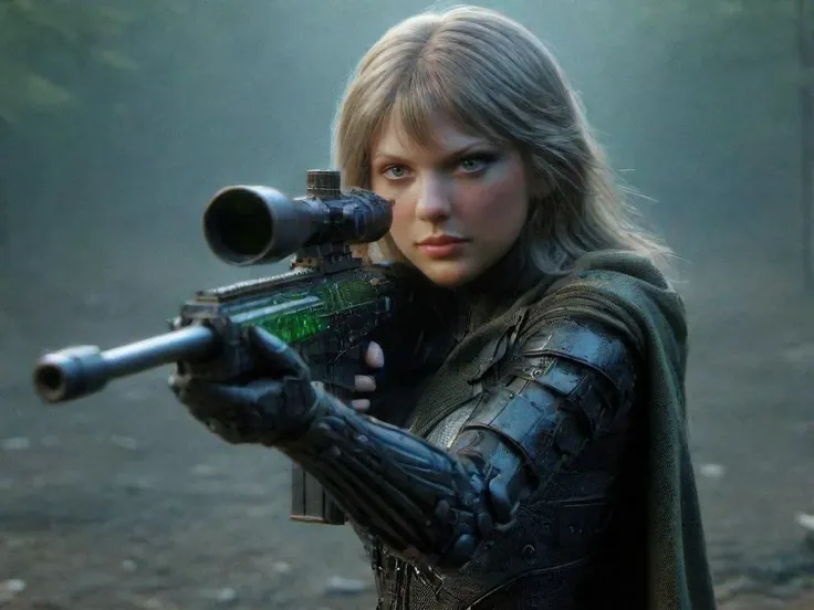 Taylor swift standing up wearing outfit made of chip semiconductors shooting a sniper rifle <lora:pytorch_lora_weights-SDXL:1> <lora:XL_Weapon_Sniper_Rifle_-_By_HailoKnight:0.9> Sniper Rifle <lora:TaylorSwift_SDXL_FULLB16:0.95> taylorswift <lora:ral-semiconductor:0.8> ral-semiconductor, RAW candid cinema, 16mm, color graded portra 400 film, remarkable color, ultra realistic, textured skin, remarkable detailed pupils, realistic dull skin noise, visible skin detail, skin fuzz, dry skin, shot with cinematic camera
