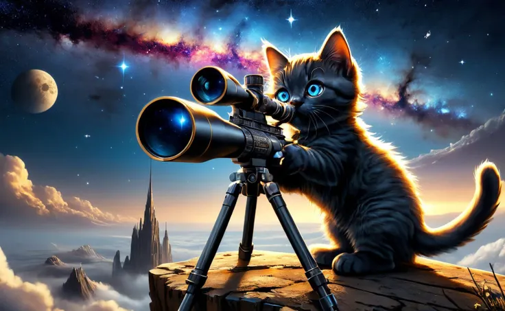 amazing quality, masterpiece, best quality, hyper detailed, ultra detailed, UHD, night, (from below:1.4),
standing kitten, hairy, telescope made of Sniper Rifle,
a fat kitten, wearing glasses, stargazing with an astronomical telescope, aiming at the sky, action shot,
Milky Way, nebula, moon, star sky,
<lora:XL_Weapon_Sniper_Rifle_-_By_HailoKnight:0.7>,
<lora:add-detail-xl:0.8>,
<lora:EnvyBetterHiresFixXL01:0.8>,