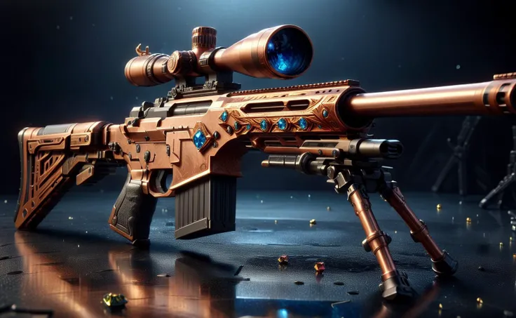 amazing quality, masterpiece, best quality, hyper detailed, ultra detailed, UHD, depth of field, view from a 45 degree angle,
a sniper rifle made of(pure copper, beautifully handmade,
inlaid with (jewels:1.2) and (diamonds:1.2),
put in glass display cabinet, shine, put on a mirror with reflection,
glowing, darkness,
(no human:1.2), yellow spotlight, copper magazine, copper gun rack,
<lora:XL_Weapon_Sniper_Rifle_-_By_HailoKnight:0.85>,
<lora:add-detail-xl:0.8>,
<lora:EnvyBetterHiresFixXL01:0.8>,