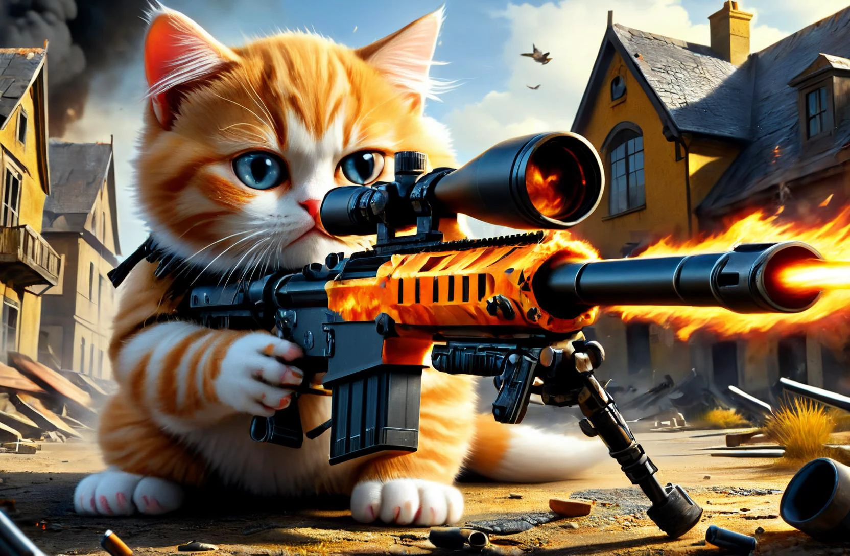 amazing quality, masterpiece, best quality, hyper detailed, ultra detailed, UHD, depth of field, view from a 45 degree angle,
(armed fat kitten:1.3), extremely angry, standing fat kitten, hairy, a fat kitten aiming to the mouse by using Sniper Rifle, on fire, war, battlefield, bunning, old buildings, abandoned city,
<lora:XL_Weapon_Sniper_Rifle_-_By_HailoKnight:0.8>, Sniper Rifle, cartridge case,
<lora:add-detail-xl:0.8>,
<lora:EnvyBetterHiresFixXL01:0.8>,