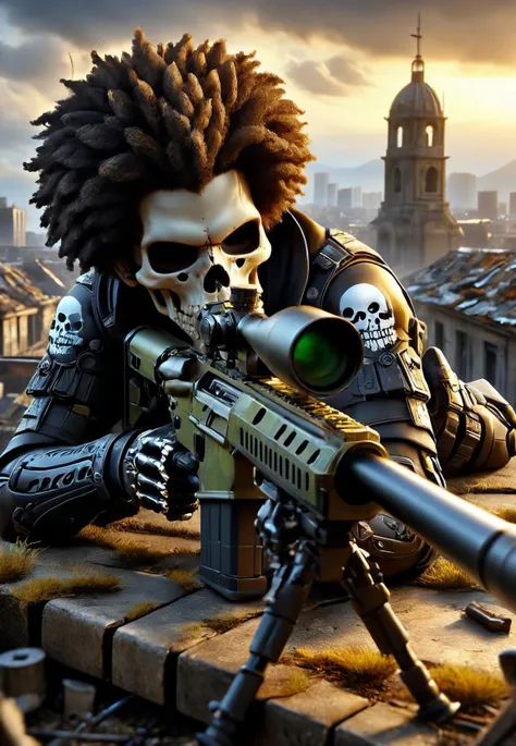 amazing quality, masterpiece, best quality, hyper detailed, ultra detailed, UHD, depth of field, detail eyes, from above, sky line,
a (skull:1.4) with afro hair laying on the roof, camouflage suit, aiming at the camera, action shot, reflective light, old buildings, abandoned city, war,
<lora:XL_Weapon_Sniper_Rifle_-_By_HailoKnight:0.8>, Sniper Rifle, cartridge case,
<lora:add-detail-xl:0.8>,
<lora:EnvyBetterHiresFixXL01:0.8>,