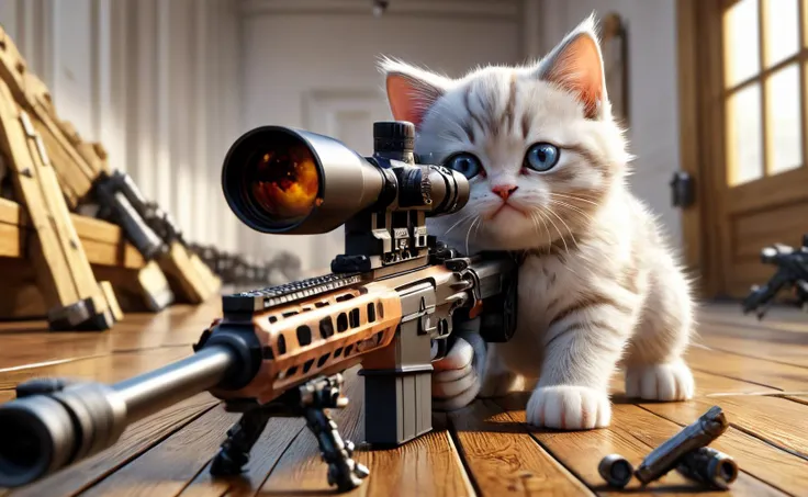 amazing quality, masterpiece, best quality, hyper detailed, ultra detailed, UHD, depth of field,
standing fat kitten, a fat kitten aiming to the mouse by using Sniper Rifle, wood floor, view from a 45 degree angle,
<lora:XL_Weapon_Sniper_Rifle_-_By_HailoKnight:0.8>, Sniper Rifle,
<lora:add-detail-xl:0.8>,
<lora:EnvyBetterHiresFixXL01:0.8>,