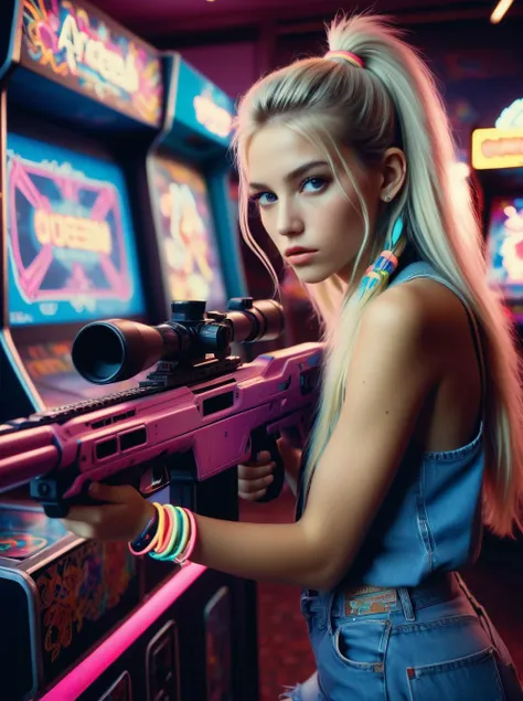 style of Richard Avedon, style of Hasselblad,photorealistic, grainy, indoors, moody lighting,20yo woman, 
 <lora:XL_Weapon_Sniper_Rifle_-_By_HailoKnight:0.5> Sniper Rifle, aiming at arcade machine,
long platinum blonde straight hair in ponytail with neon scrunchie,looking at viewer from three quarter angle tilted neck,neon lights flickering,layers of bright friendship bracelets,
vintage arcade machines in the background,,vibrant color palette dominated by neons magentas and vibrant blue,