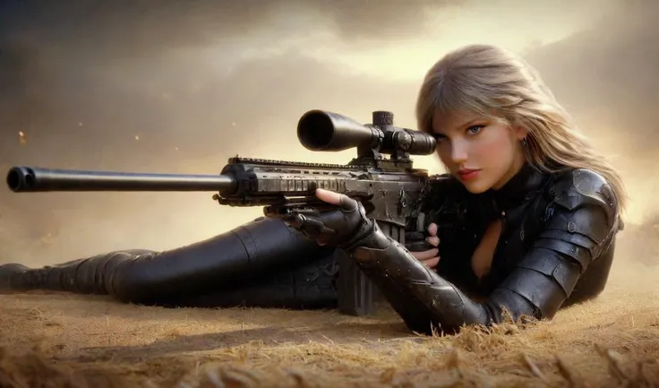 Taylor swift in cowgirl outfit shooting a sniper rifle , laying down <lora:pytorch_lora_weights-SDXL:1> <lora:XL_Weapon_Sniper_Rifle_-_By_HailoKnight:1> Sniper Rifle <lora:TaylorSwift_SDXL_FULLB16:1> taylorswift
