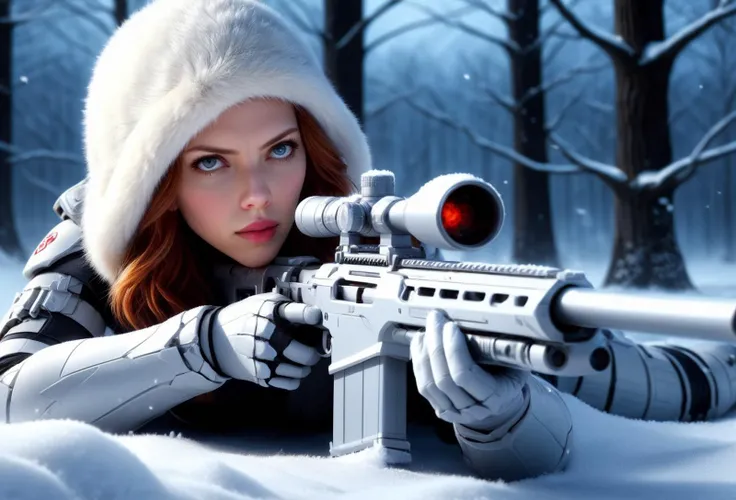 amazing quality, masterpiece, best quality, hyper detailed, ultra detailed, UHD, depth of field, detail eyes, from above, sky line, night,
Scarlett Johansson, the black widow hide in the snow, covered by snow, aiming at the camera, action shot, reflective light, snow land, snowing, tree,
<lora:XL_Weapon_Sniper_Rifle_-_By_HailoKnight:0.7>, (white Sniper Rifle:1.3), white suit, white fur hat,
<lora:add-detail-xl:0.8>,
<lora:EnvyBetterHiresFixXL01:0.8>,
