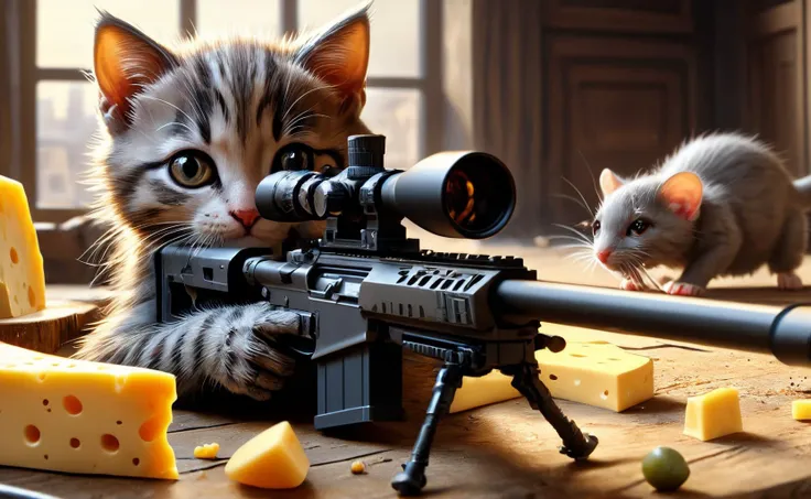 amazing quality, masterpiece, best quality, hyper detailed, ultra detailed, UHD, depth of field,
standing kitten, kitten aiming to the rat using Sniper Rifle, indoor, rat stealing cheese, view from a 45 degree angle,
<lora:XL_Weapon_Sniper_Rifle_-_By_HailoKnight:0.7>,
<lora:add-detail-xl:0.73>,
<lora:EnvyBetterHiresFixXL01:0.66>,