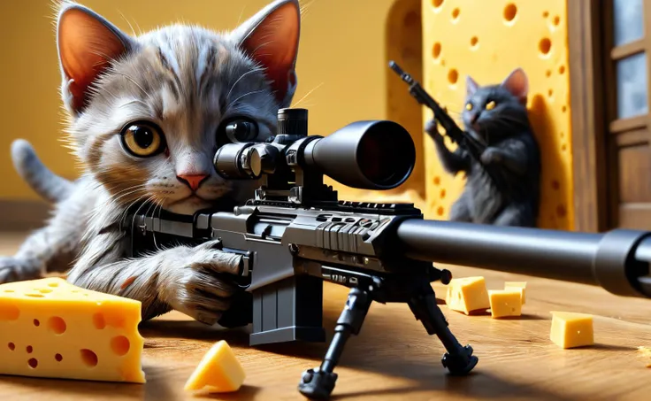 amazing quality, masterpiece, best quality, hyper detailed, ultra detailed, UHD, depth of field,
standing kitten, kitten aiming to the rat using Sniper Rifle, indoor, rat stealing cheese, view from a 45 degree angle,
<lora:XL_Weapon_Sniper_Rifle_-_By_HailoKnight:0.7>,
<lora:add-detail-xl:0.8>,
<lora:EnvyBetterHiresFixXL01:0.8>,