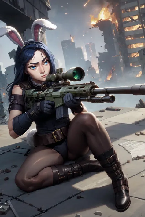 highrises, destroyed buildings, fire, warzone, battle bunny riven, 1girl, solo, animal ears, rabbit ears, playboy bunny, pantyhose, bare shoulders, necktie, belt, wrist cuffs, rabbit tail, <lora:Battle_Bunny_Riven_LOL-000016:0.5>, sniper rifle, 1 girl holding sniper rifle, hands, barrel, muzzle break, straight barrel, sniper scope, <lora:Arcane_caitlyn-v2:0.4>, blue hair, c41tlyn, blue eyes