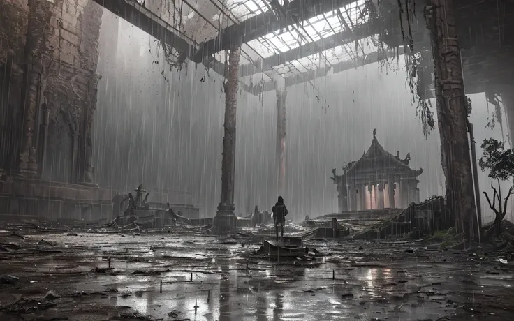 (best quality, masterpiece),( dark sky, heavy rain, inside abandoned temple, low water level stagnant water, ), realistic background, 2112, light*_black_particle,