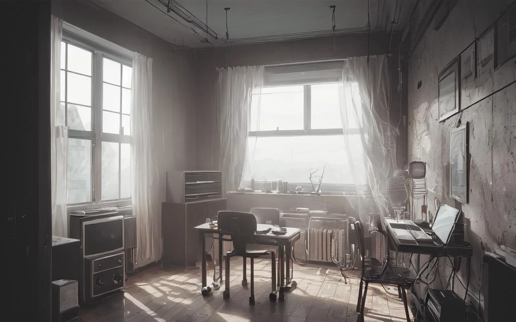 (best quality, masterpiece), (black room, table, window behind, radio, electromagnetic waves behind, )