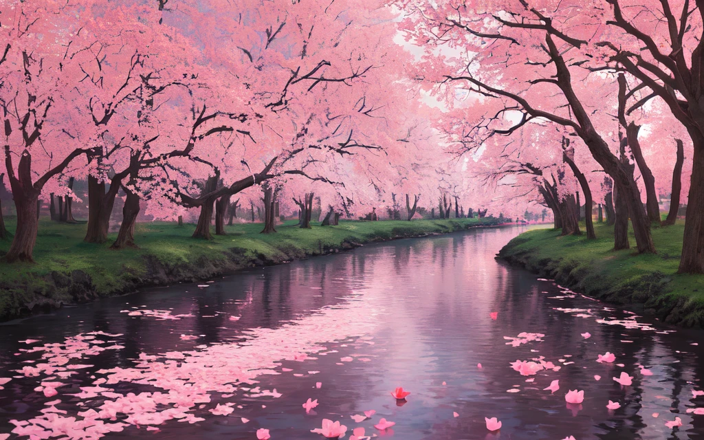 (best quality, masterpiece), (night strray sky, river behind, huge old trees behind, falling glowing pink petals behind, )