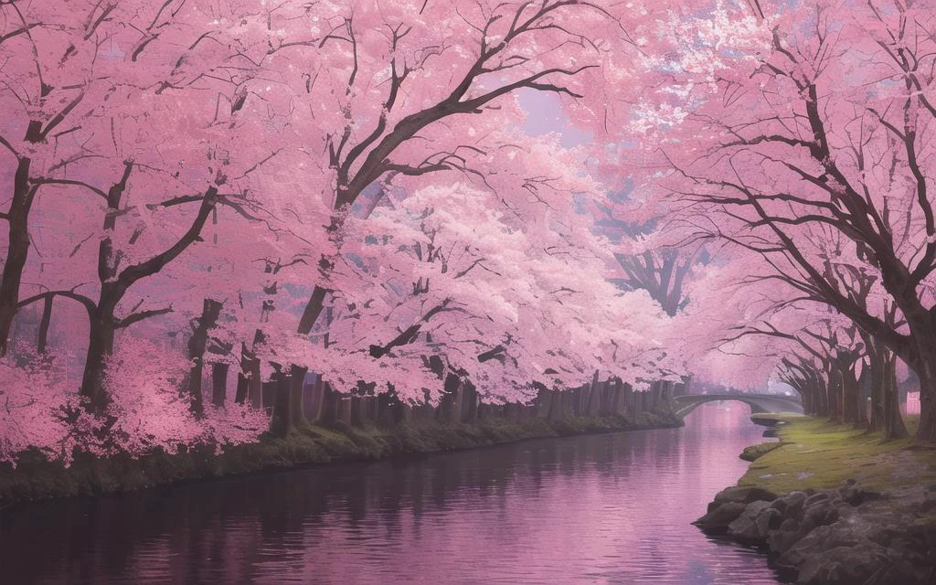 (best quality, masterpiece), (night strray sky, river behind, huge old trees behind, falling glowing pink petals behind, )