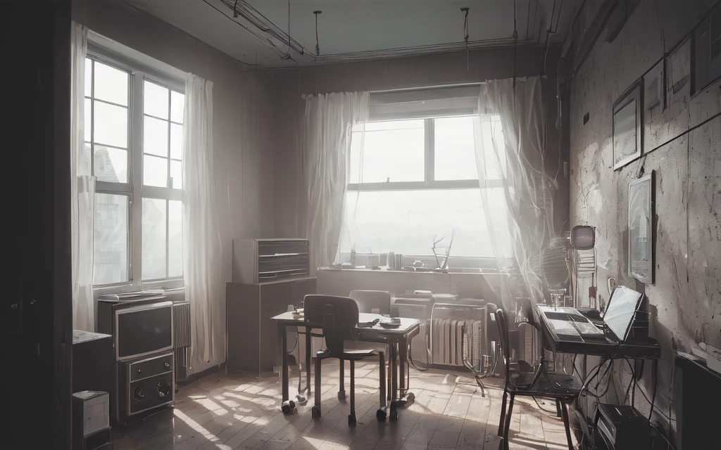(best quality, masterpiece), (black room, table, window behind, radio, electromagnetic waves behind, )