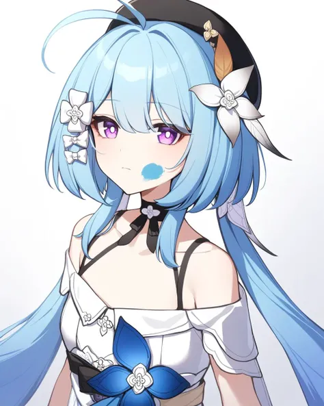 masterpiece,best quality,<lora:honkai_impact_all:1>,1girl,solo,upper body,blue hair,feather hair ornament,very long hair,ahoge,twintails,absurdres,beret,black choker,black headwear,blue bow,blue flower,closed mouth,commentary,foreshortening,griseo,griseo \(starry impression\),highres,honkai \(series\),honkai impact 3rd,looking at viewer,off-shoulder dress,paint splatter on face,paint stains,purple eyes,white dress,