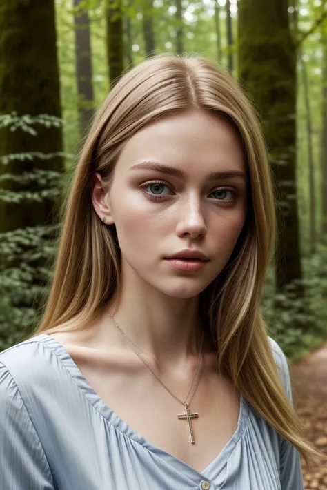 European woman, closeup, (shirt), pants, (bridge in the woods), cross necklace , [ZM_brooke : ZM_anne] , wide shoulders, perfect face, (contact iris: 1.1), pale skin, skin pores , depth of field