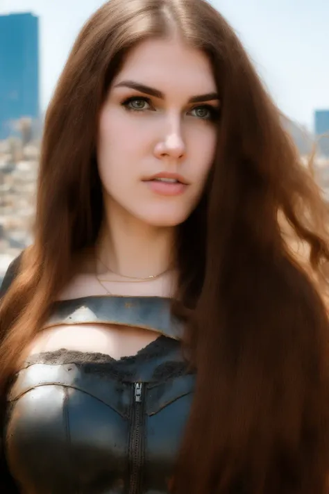 RAW photo, a close up portrait photo of kittyklaw <lora:kittyklaw_v1:1> in wastelander clothes, large breast, long haircut, pale skin, slim body, background is city ruins, (high detailed skin:1.2), 8k uhd, dslr, soft lighting, high quality, film grain, Fujifilm XT3
