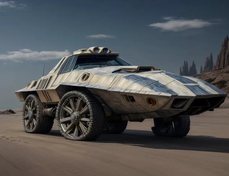 ((best quality)), ((masterpiece)), ((realistic)), (detailed), X-34 Landspeeder (Star Wars, Fictional), Steering Wheel Wrap, Mithral, Opaque, Pitted Surface,, ((masterpiece)), absurdres, HDR, <lora:add_detail:1>, <lora:LowRA:0.5>