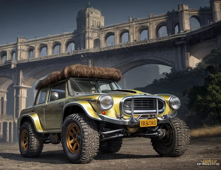 ((best quality)), ((masterpiece)), ((realistic)), (detailed),Tiny The Mole (Thunderbirds), Canopy, Automatic Windows, Strobe Lights, Off-Road Bumper, Wheel Spacers, Gold, Clunky, Reflective Surface, , ((masterpiece)), absurdres, HDR, <lora:add_detail:1>, <lora:LowRA:0.5>