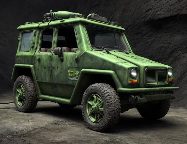 ((best quality)), ((masterpiece)), ((realistic)), (detailed),Small Mining Vehicle, Tinted Windows,     Leather, Ethereal, Electric Green, , ((masterpiece)), absurdres, HDR, <lora:add_detail:1>, <lora:LowRA:0.5>