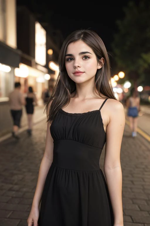 snapshot, Coco,black dress,on a street corner at night, Thorough,analog style,female focus,highest quality,(highly detailed skin),perfect face,skin pores,(bokeh:0.6),sharp focus,dappled lighting,(backlighting:0.7),film grain,photographed on a Sony A7R IV,18mm F/1.7 cine lens,(highly detailed, intricately detailed),8k,HDR,front view,(full body visible:1.2)