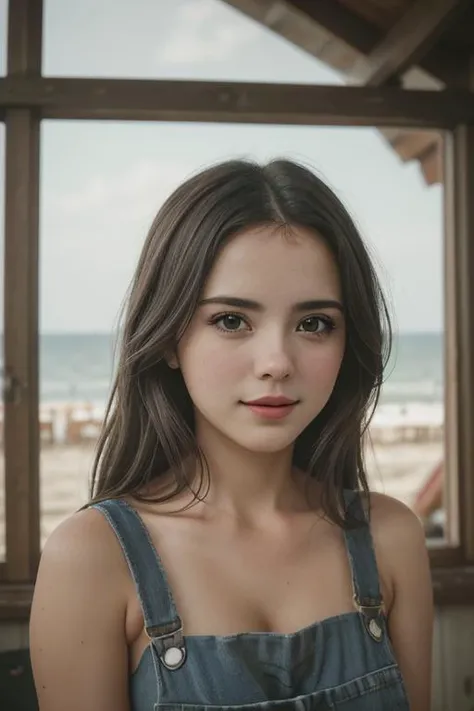 photo of (rydrmccr4nn-134:0.99), a beautiful woman, perfect hair, (smiling look), (modern photo, Rhodamine Red overalls), 24mm, (analog, cinematic, film grain:1.3), (A cozy, rustic beachfront cabin with a view of a serene bay:1.2), detailed eyes, (seductive pose), (epicPhoto), (looking at viewer), jewelry, (cinematic shot:1.3), PA7_Portrait-MCU Coco