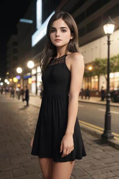 snapshot, Coco,black dress,on a street corner at night, Thorough,analog style,female focus,highest quality,(highly detailed skin),perfect face,skin pores,(bokeh:0.6),sharp focus,dappled lighting,(backlighting:0.7),film grain,photographed on a Sony A7R IV,18mm F/1.7 cine lens,(highly detailed, intricately detailed),8k,HDR,front view,(full body visible:1.2)