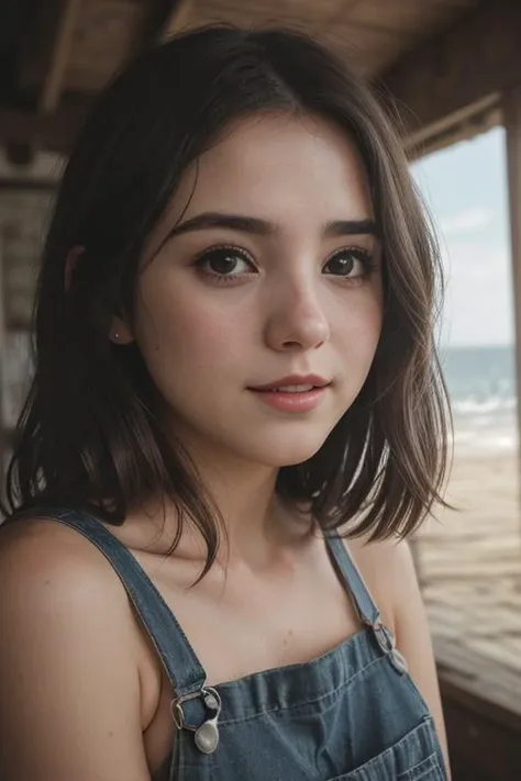 photo of (rydrmccr4nn-134:0.99), a beautiful woman, perfect hair, (smiling look), (modern photo, Rhodamine Red overalls), 24mm, (analog, cinematic, film grain:1.3), (A cozy, rustic beachfront cabin with a view of a serene bay:1.2), detailed eyes, (seductive pose), (epicPhoto), (looking at viewer), jewelry, (cinematic shot:1.3), PA7_Portrait-MCU Coco