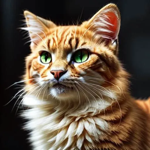 White fluffy realistic cute orange cat with big not too green eyes