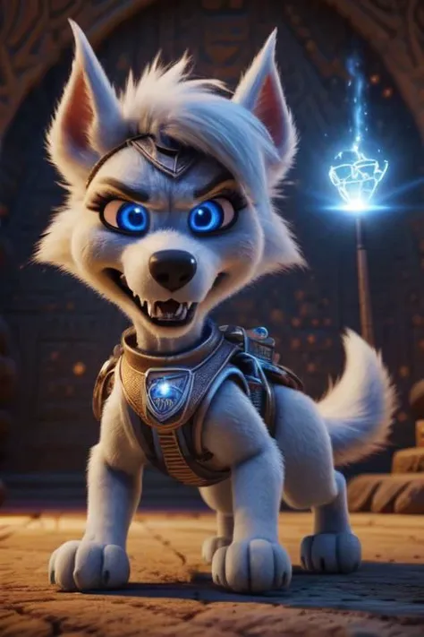 A female white Lycanroc, quadruped, feral, 4 legs, white fur, white body, white skin, hair over eyes, pawstyle, paw patrol, long fluffy tail, tail up, very furry and fluffy, showing theets, very large fangs, front side view, blue eyes, shiny eyes, Pixar eyes, glowing eyes, perfect eyes, jumping against the wall, angry face expression, snarling, very aggressive female, brave pose, valiant pose, she is about to fight, perfect ligthing, on an egyptian room, sharp teeth, very large claws, wearing silver earrings, dreesed as egyptian female warrior, egyptian jewellery, magic powers on her side, she is protecting a great goddess deity behind her, (pixarstyle:1.25), dimwitdog, thesecretcave, cooliehigh, iskra,