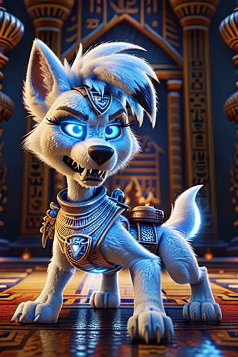 A female white Lycanroc, quadruped, feral, 4 legs, white fur, white body, white skin, pawstyle, paw patrol, long fluffy tail, tail up, very furry and fluffy, showing theets, very large fangs, front side view, blue eyes, shiny eyes, Pixar eyes, glowing eyes, standing, spread legs, angry face expression, snarling, very aggressive female, brave pose, valiant pose, she is about to fight, perfect ligthing, on an egyptian room, sharp teeth, very large claws, wearing silver earrings, dreesed as egyptian warrior, egyptian jewellery, she is protecting a great goddess deity behind her, (pixarstyle:1.25), dimwitdog, thesecretcave, cooliehigh, iskra,