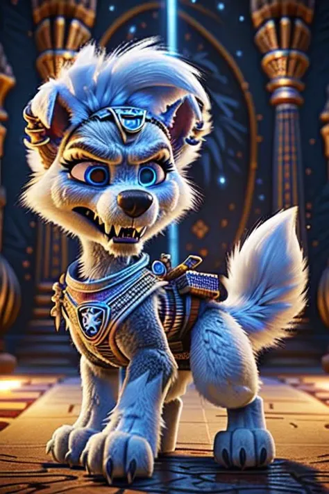 A female white Lycanroc, quadruped, feral, 4 legs, white fur, white body, white skin, pawstyle, paw patrol, long fluffy tail, tail up, very furry and fluffy, showing theets, very large fangs, front side view, blue eyes, shiny eyes, Pixar eyes, glowing eyes, standing, spread legs, angry face expression, snarling, very aggressive female, brave pose, valiant pose, she is about to fight, perfect ligthing, on an egyptian room, sharp teeth, very large claws, wearing silver earrings, dreesed as egyptian warrior, egyptian jewellery, she is protecting a great goddess deity behind her, (pixarstyle:1.25), dimwitdog, thesecretcave, cooliehigh, iskra,