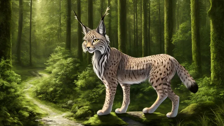 (lynx), (solo), (((fur))), forest, anatomically correct, masterpiece, best quality, photorealistic, hyperrealistic, ultradetailed, detailed background, photo background, digital drawing (artwork),