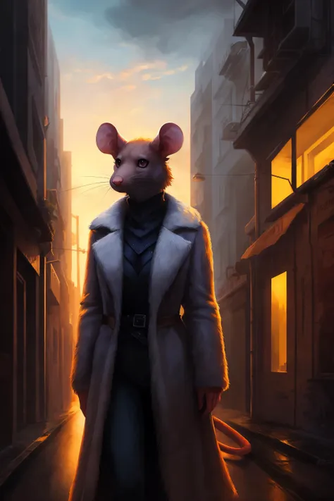 rat, anthro, female, fur coat, (best quality), (detailed urban background:1.2), dramatic lighting, (detailed fluffy fur:1.1), (fantasy:1.2)